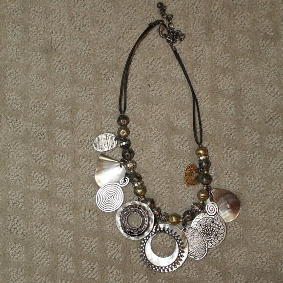 Chico's Alla Short Silver Mother of Pearl Trinket Charm Necklace Black Cord - Picture 1 of 4